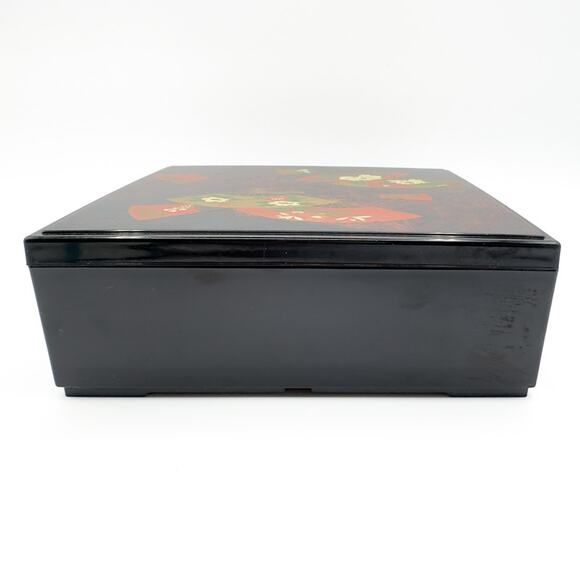 Vintage Otagiri Original Lacquerware Box Faux Lacquer Black with Fans Flowers - Picture 11 of 13